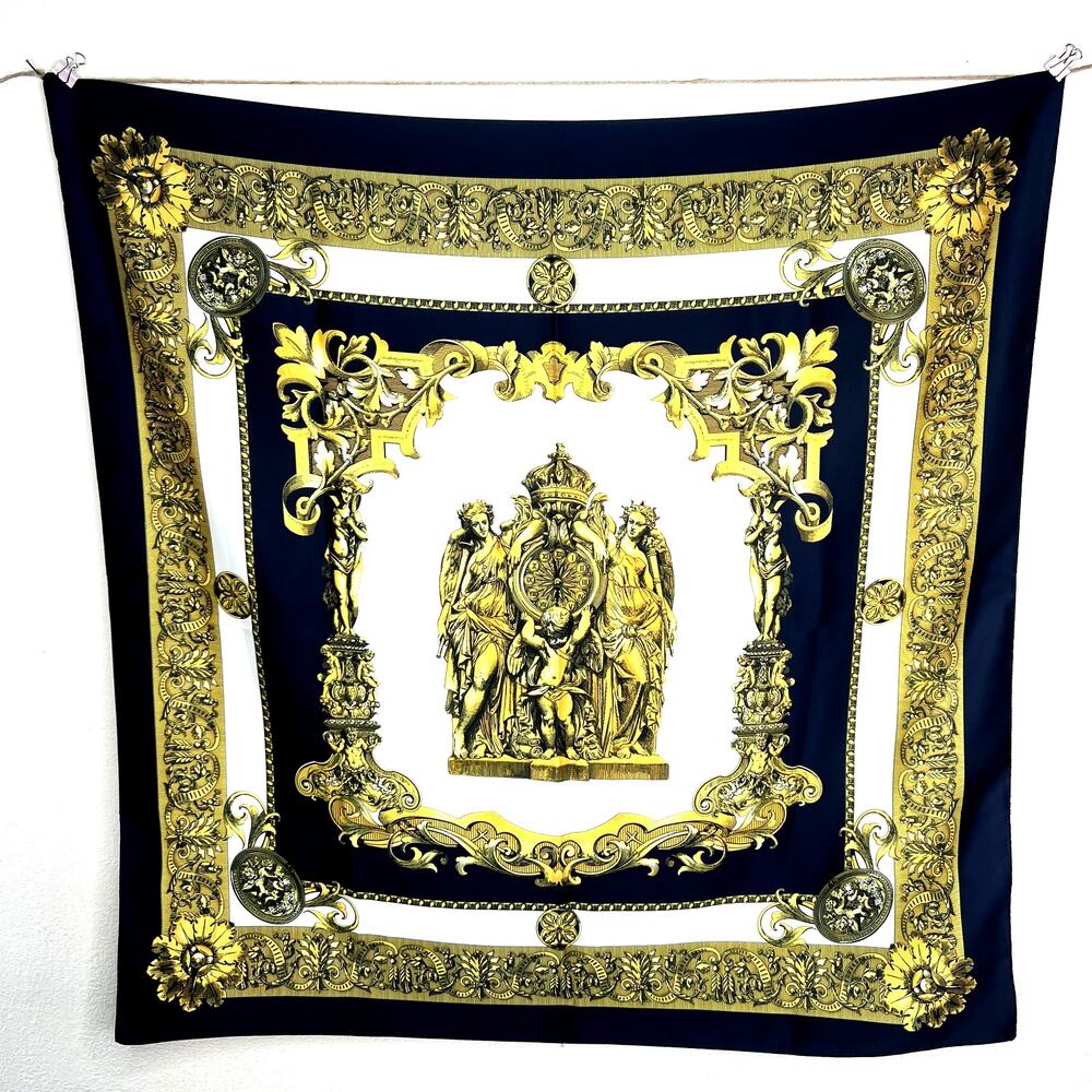 Vintage Silk Square Scarf Honor and Flory Crowning Time Printed Gold Baroque